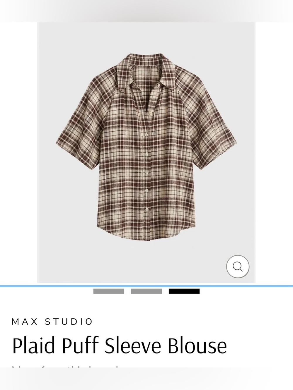 Max Studio Puff Balloon Sleeve Brown Plaid Button-Up Shirt. NEVER WORN
